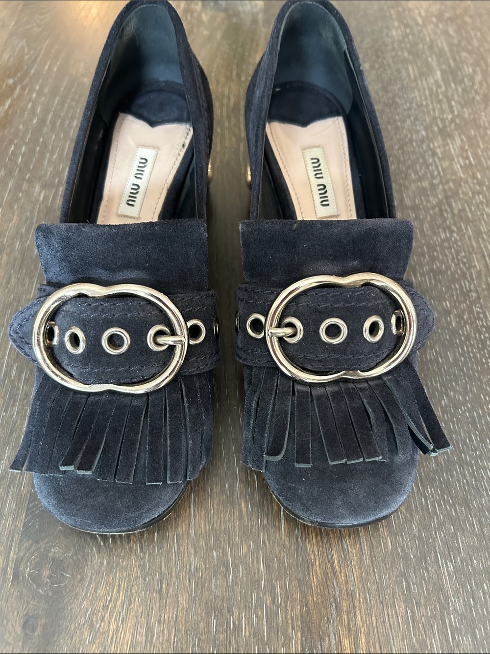 Rare vintage Miu Miu Blue Suede Fringe Mules with Silver Tone Buckle